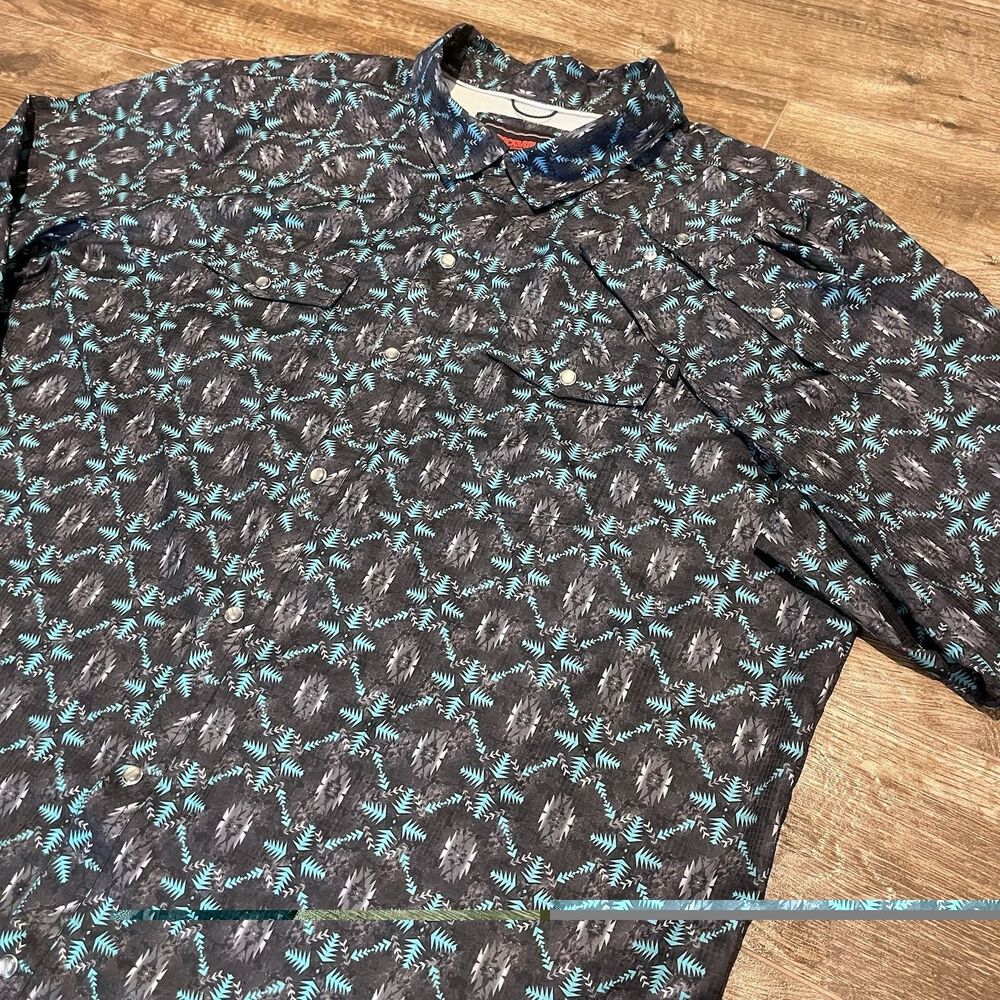 Rock & Roll Denim TEK Shirt Mens 2XL Teal Aztec Western Pearl Snap Vented